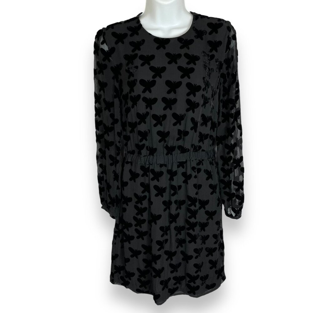 Band of Outsiders Butterfly Dress Size 0 Rayon Silk Black Velvet Sheer‎ Blouson